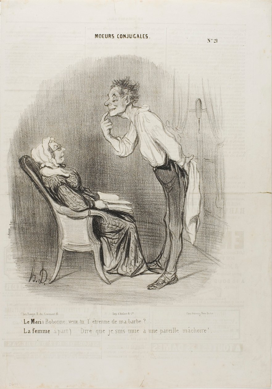 Husband: "My dear, how about a first kiss on my chin?" The wife (aside): "To think that I am married to this face!", plate 21 from Conjugal Customs by Honoré Victorin Daumier