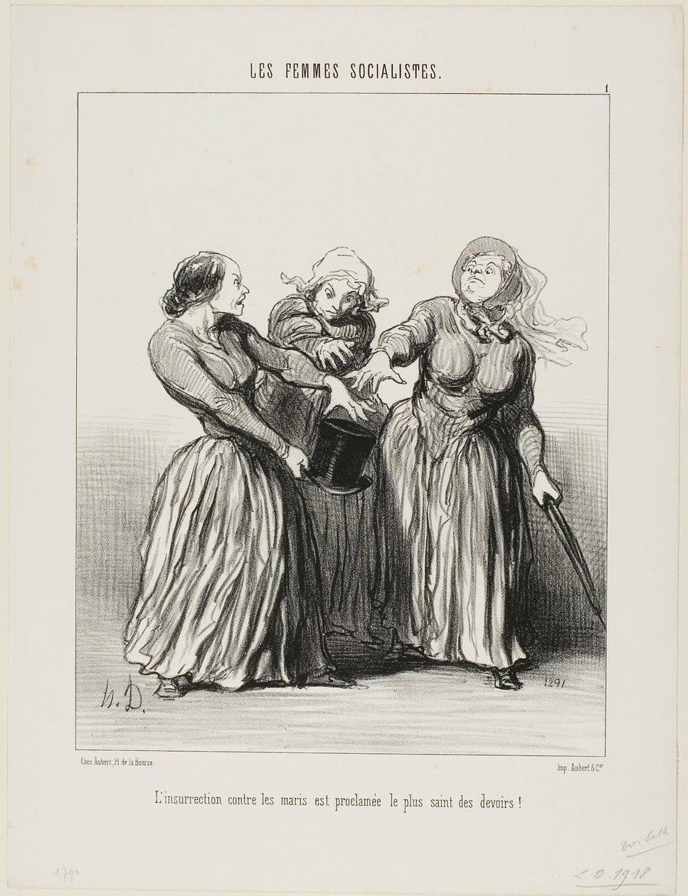 Insurrection against husbands is proclaimed as being the first and holiest duty in life!, plate 1 from Les Femmes Socialistes by Honoré Victorin Daumier