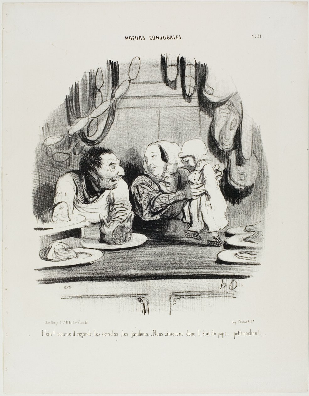 "Look! See how his eyes are on the saveloys and the ham." Plate 51 from Moeurs Conjugales by Honoré Victorin Daumier