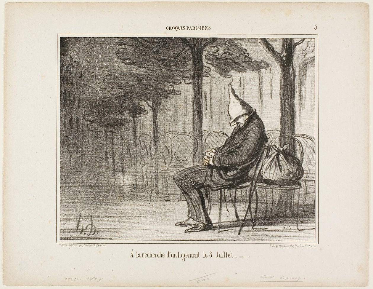 Looking for an Overnight Accommodation on the Eighth of July, Plate 5 from Croquis Parisiens by Honoré Victorin Daumier