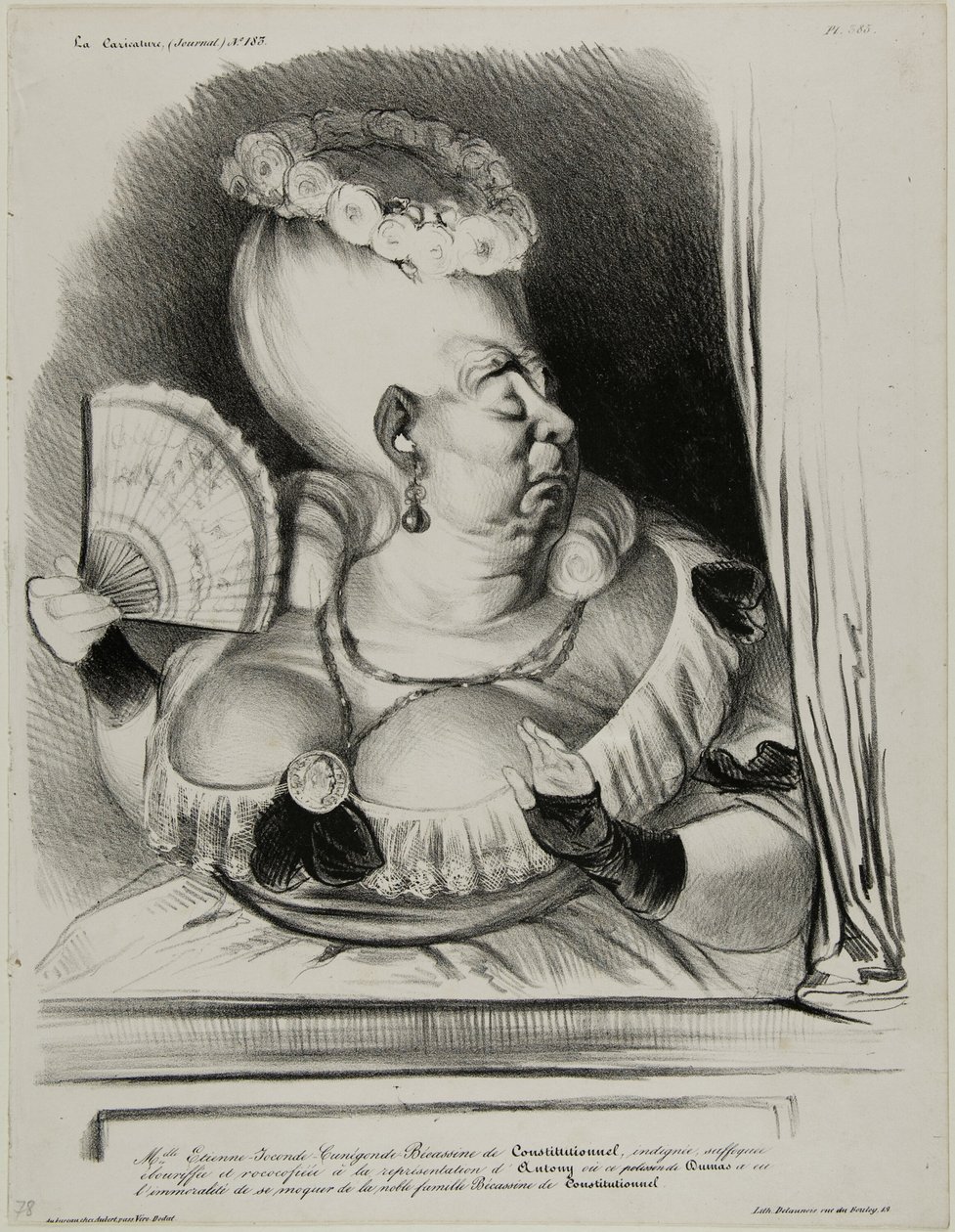 Miss Etienne-Mona-Lisa-Cunégonde-Silly Goose of the Constitutionnel, indignant, choking and over-ornate at the performance of Anthony in which the mischievous Dumas had the indecency of scoffing at the noble family Silly Goose of the Constitutionnel... by Honoré Victorin Daumier
