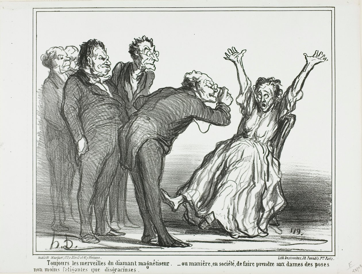 More marvels from the diamond hypnotist. Or, how to make the ladies pose in society in exhausting and not very gracious positions, plate 137 from Actualités by Honoré Victorin Daumier