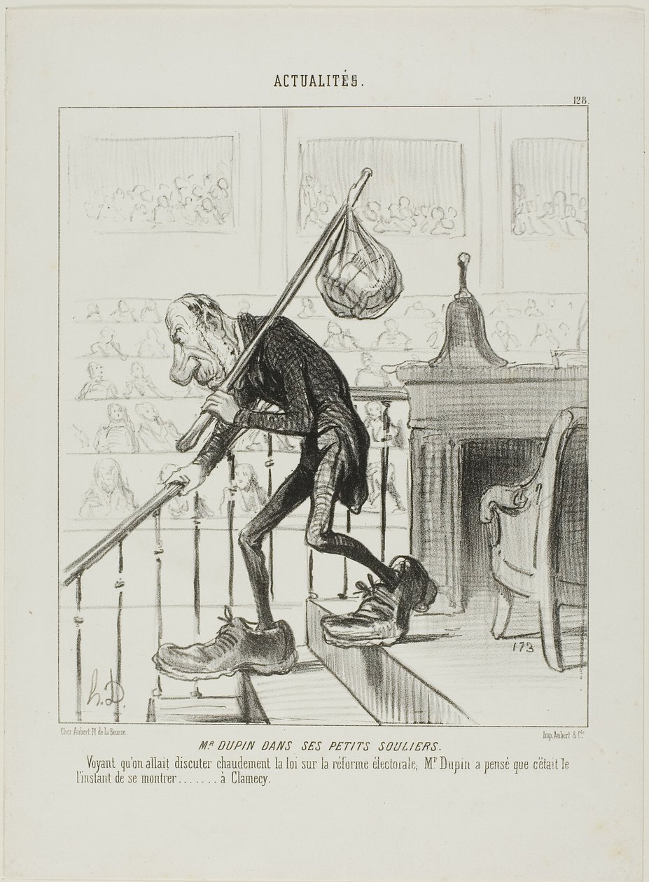 Mr. Dupin in His Little Shoes. Once Mr. Dupin noticed that one started a heated discussion about the reform of the election laws, he considered it the right moment to show himself at Clamecy, plate 123 from Actualités by Honoré Victorin Daumier