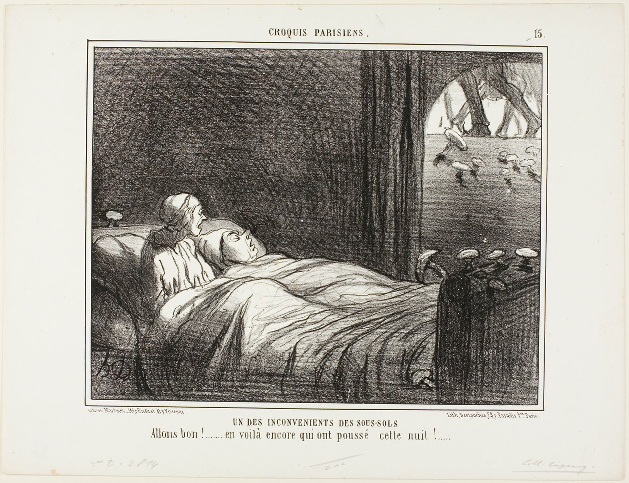 One of the Disadvantages of Living in the Basement. “Look, here are some more that grew last night...,” plate 15 from Croquis Parisiens by Honoré Victorin Daumier