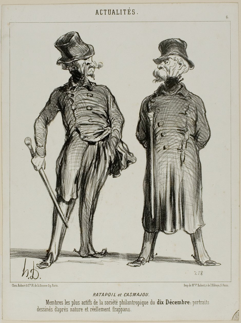 Ratapoil and Casmajou. The most active members of the philanthropic society of December 10: the portraits are drawn from nature and are of striking similarity, plate six from Actualités by Honoré Victorin Daumier