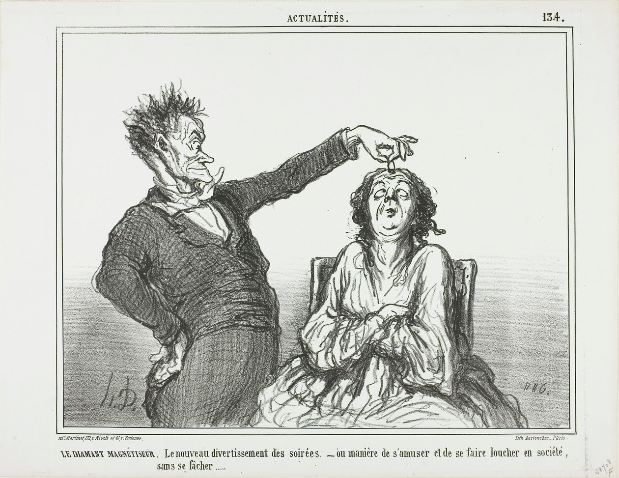 The Diamond Hypnotist. A new pastime at evening parties - or how to have fun and get someone to squint, without getting into trouble, plate 134 from Actualités by Honoré Victorin Daumier