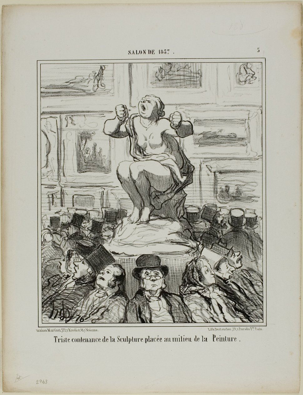 The Displeasure of a Sculpture Placed in the Middle of an Exhibition of Paintings, plate 5 from Salon De 1857 by Honoré Victorin Daumier