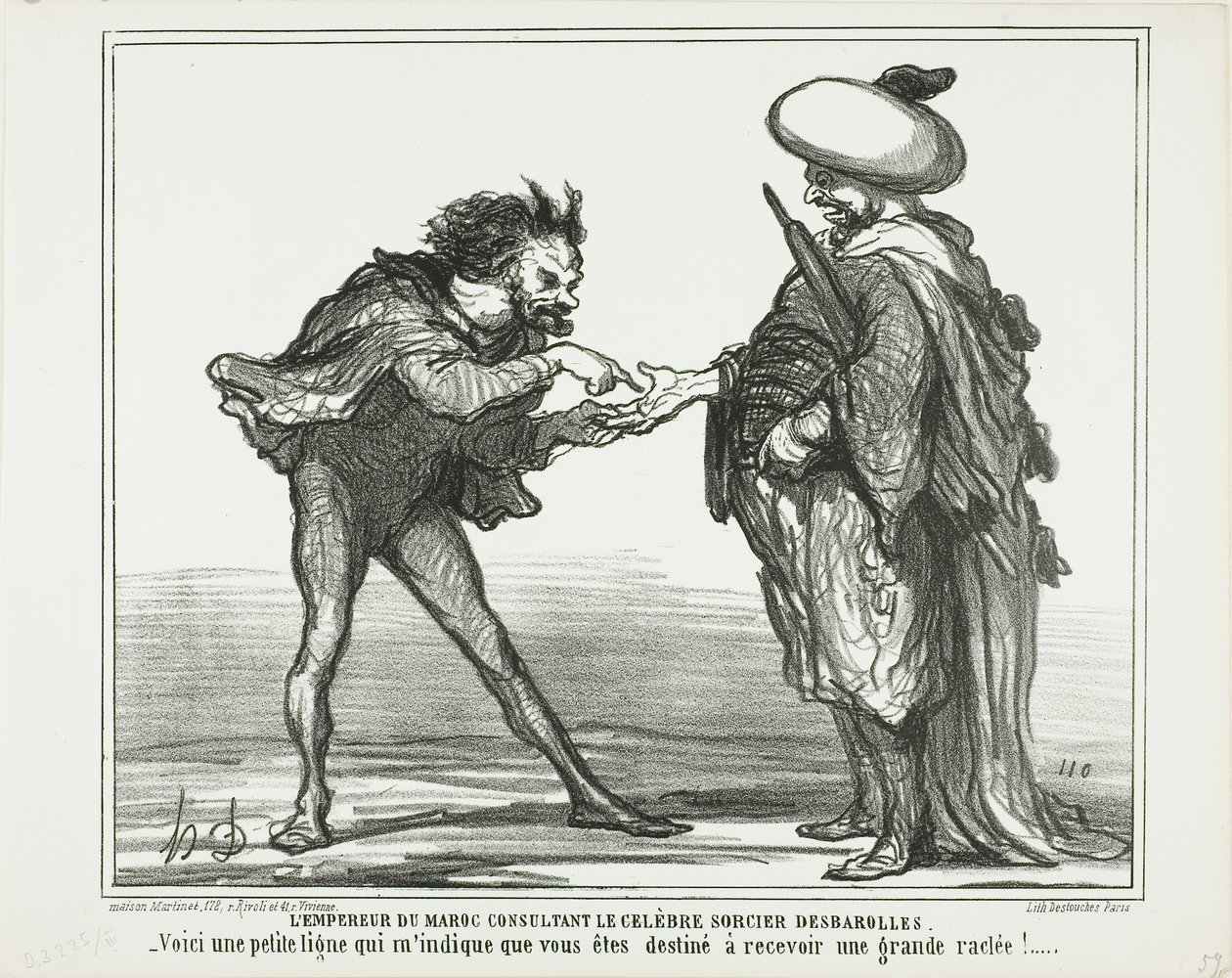 The Emperor of Morocco in Consultation With the Famous Magician Desbarolles. "- This small line here indicates to me that you are going to get a royal thrashing!", plate 126 from Actualités by Honoré Victorin Daumier