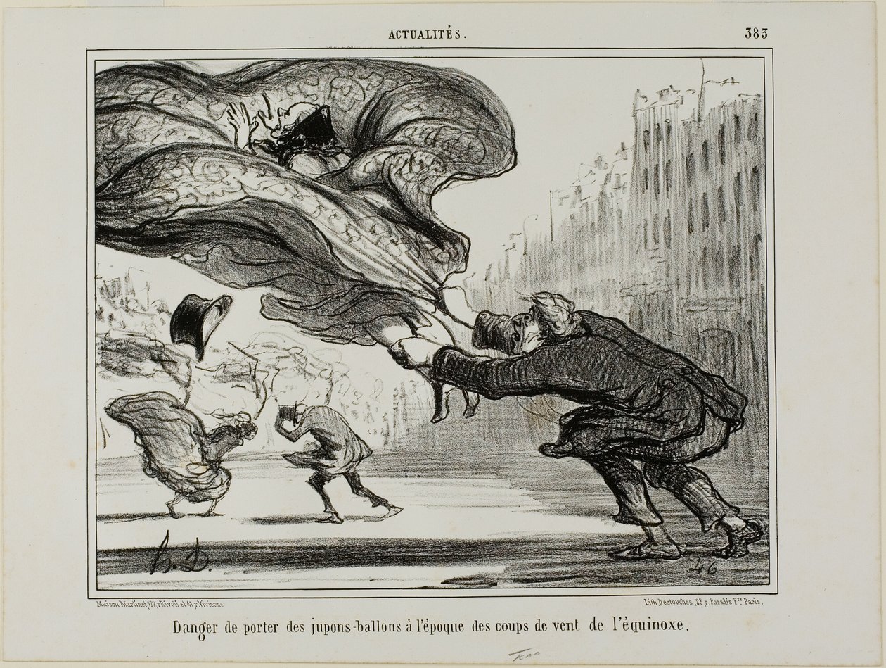 The danger of wearing hoopskirts during a sudden spring storm, plate 26 from La Crinolomanie by Honoré Victorin Daumier