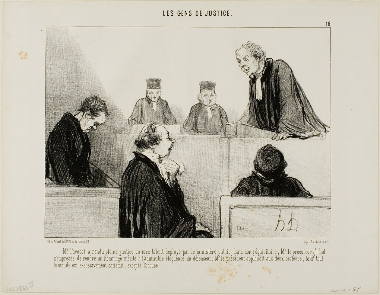 The defense compliments the talent of the prosecution, while the Attorney General admires the eloquence of the defense. The judge applauds both of them and everybody is satisfied, except the accused, plate 16 from Les Gens De Justice by Honoré Victorin Daumier
