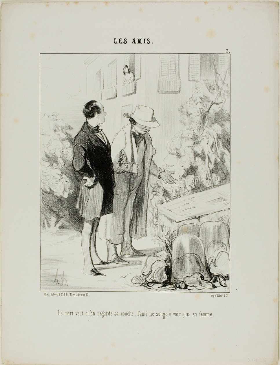 The husband wants him to look at his hot-bed, the friend only dreams of seeing his wife, plate 3 from Les Amis by Honoré Victorin Daumier