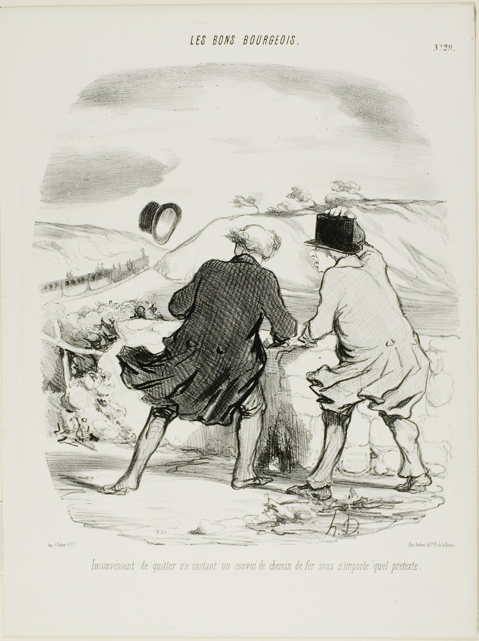The inconvenience of leaving the train even only for a moment and for any pretext whatsoever, plate 29 from Les Bons Bourgeois by Honoré Victorin Daumier