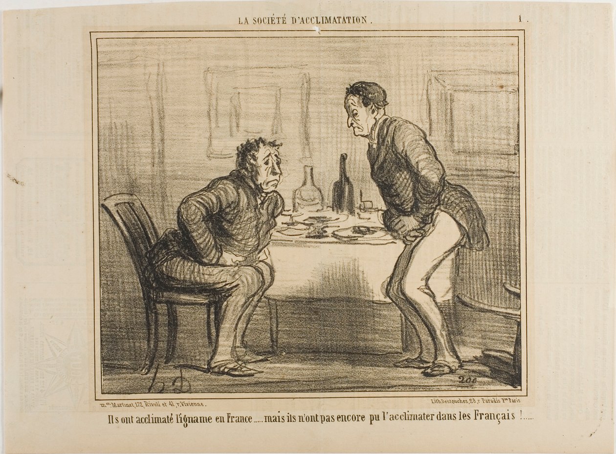 They succeeded in acclimatizing the Indian potato to the French climate, but it is still a problem to acclimatize the French to the Indian potato!, plate 1 from The Society of Acclimatization by Honoré Victorin Daumier