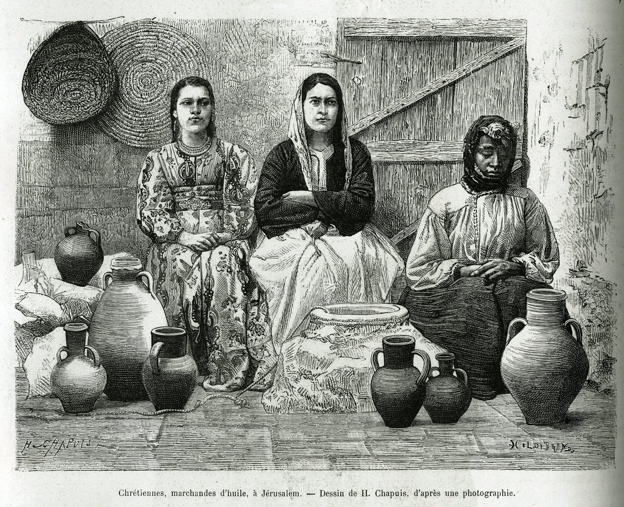 Christians, oil dealers in Jerusalem. Engraving by H.Chapuis, to illustrate La Syria d