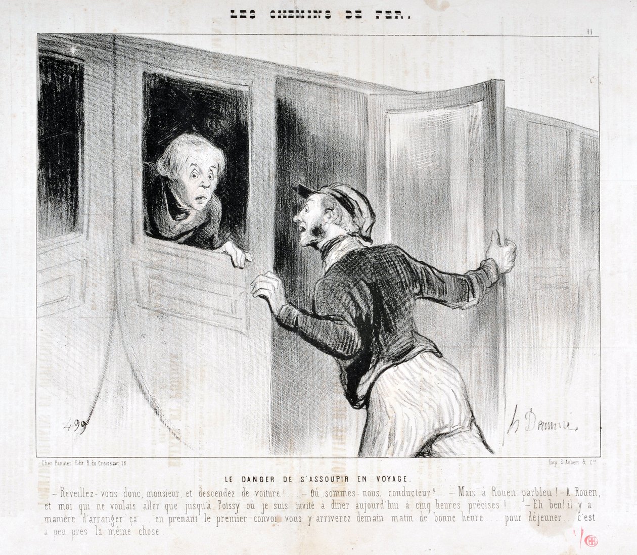 Artwork by Honore Daumier (1808-1879). Charivari dates from 1843: Serie LES RAILWAYS The danger of falling asleep on a journey -Wake up Sir and get off the car! - Where are we driving? - But Rouen parbleu! - In Rouen and I who only wanted to go to Poiss by Honoré Daumier