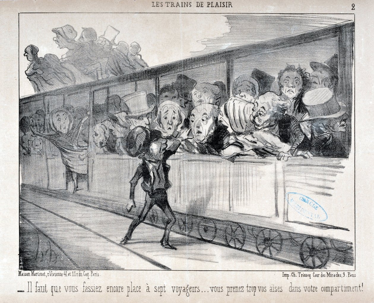 Artwork by Honore Daumier (1808-1879). Charivari dates from 1852: Serie LES TRAINS DE PLEASURE - You have to make room for seven passengers... you