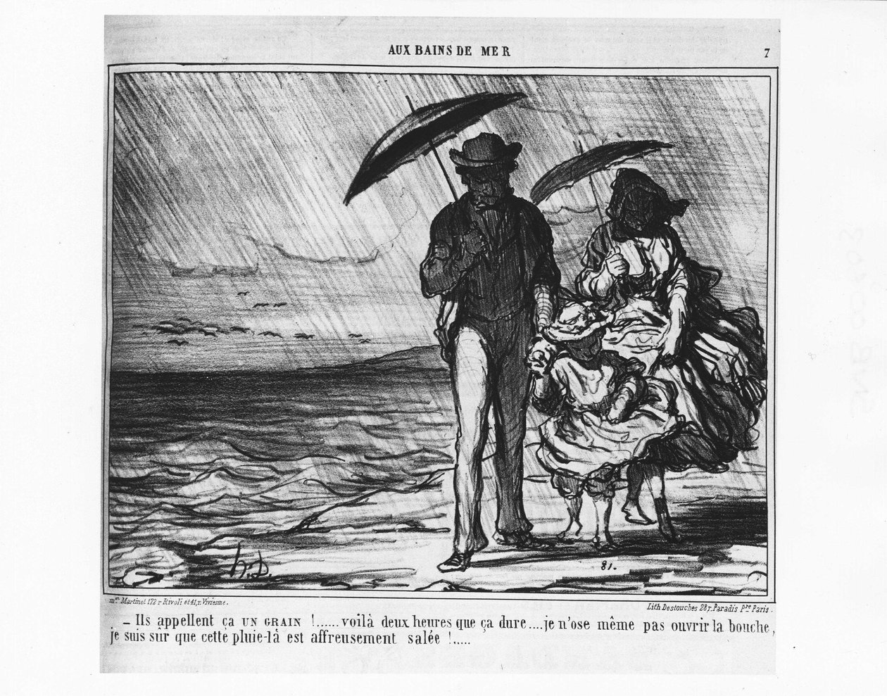 At the sea baths: Parisians by the sea in a pouring rain - by Daumier, in 