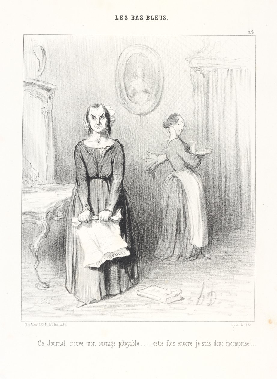 This paper finds my work pitiful...again I am misunderstood!, plate 38 from the series The Bluestockings from the journal Le Charivari by Honoré Daumier