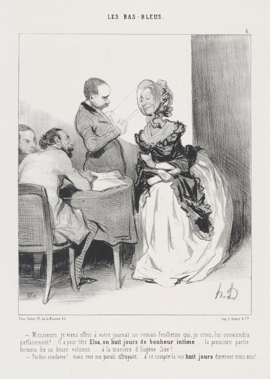 Gentlemen, I come to offer your newspaper a serial novel which, I believe, will suit it perfectly! ... it is titled Eloa, or eight days of intimate happiness ... the first part will form ten or twelve volumes ... in the manner of Eugène by Honoré Daumier
