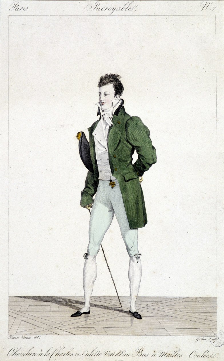 Amazing Paris. Man has the hair of Charles XII, wearing water green panties and flowed mesh stockings. Illustration of men