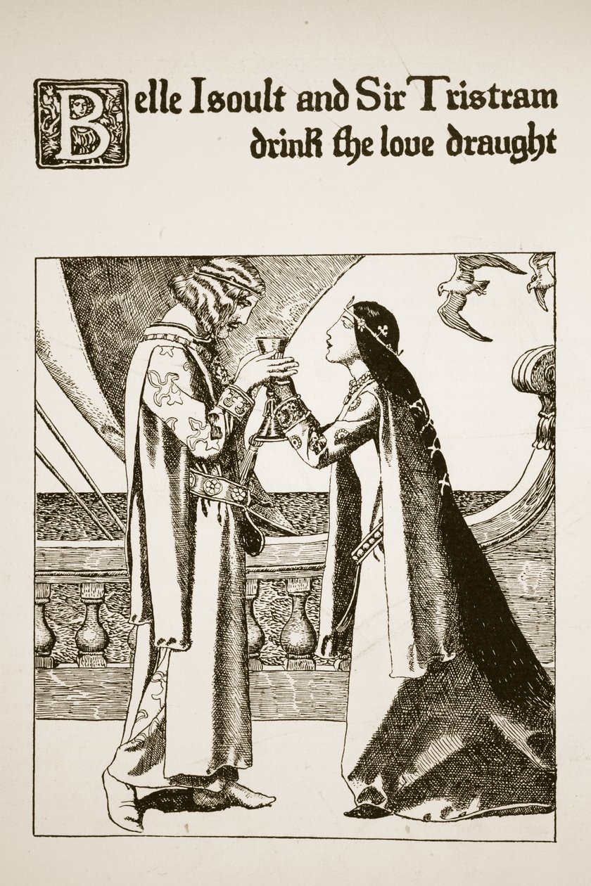 Belle Isoult and Sir Tristram drink the love draught, illustration from 