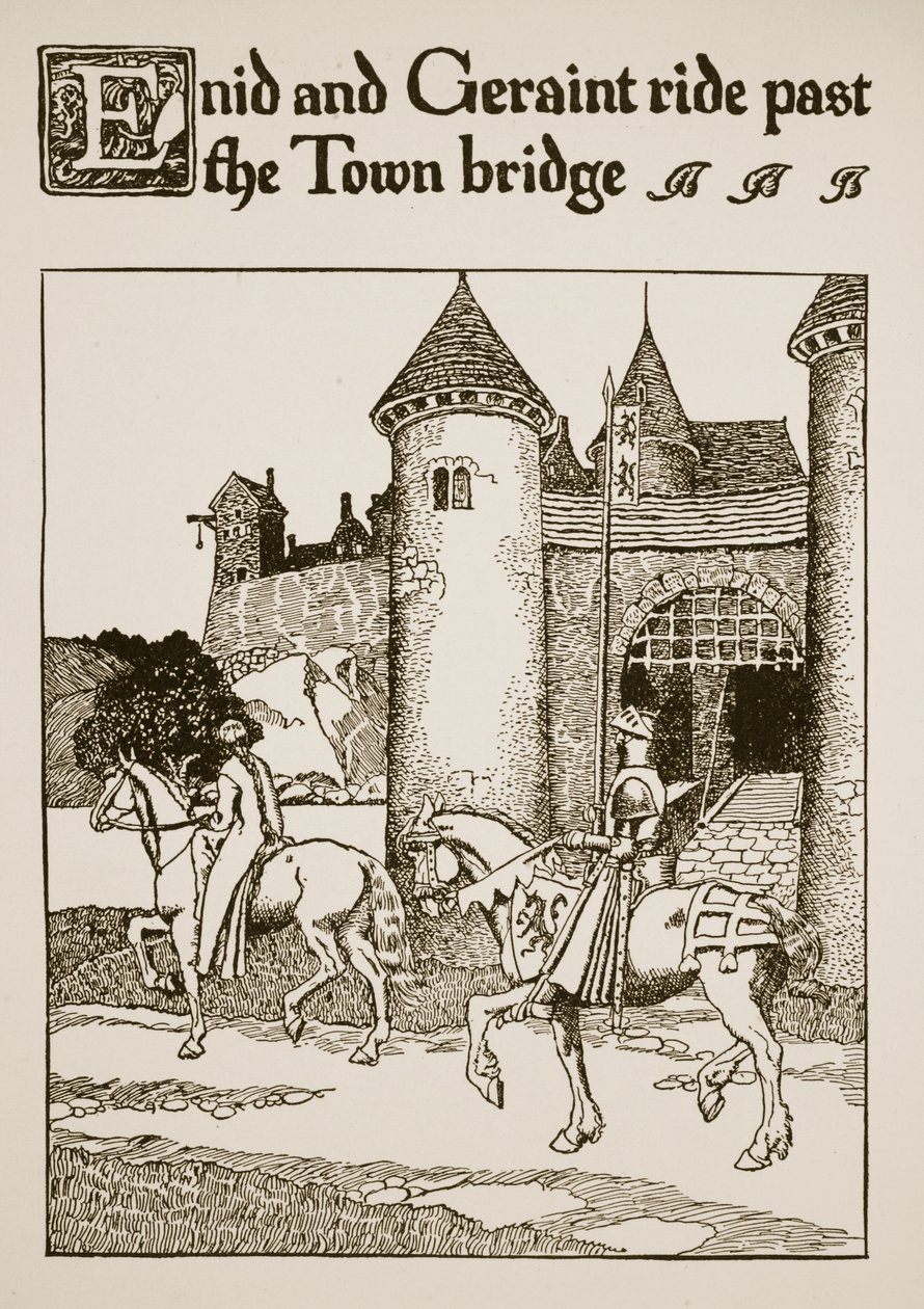 Enid and Geraint ride past the Town Bridge, illustration from 