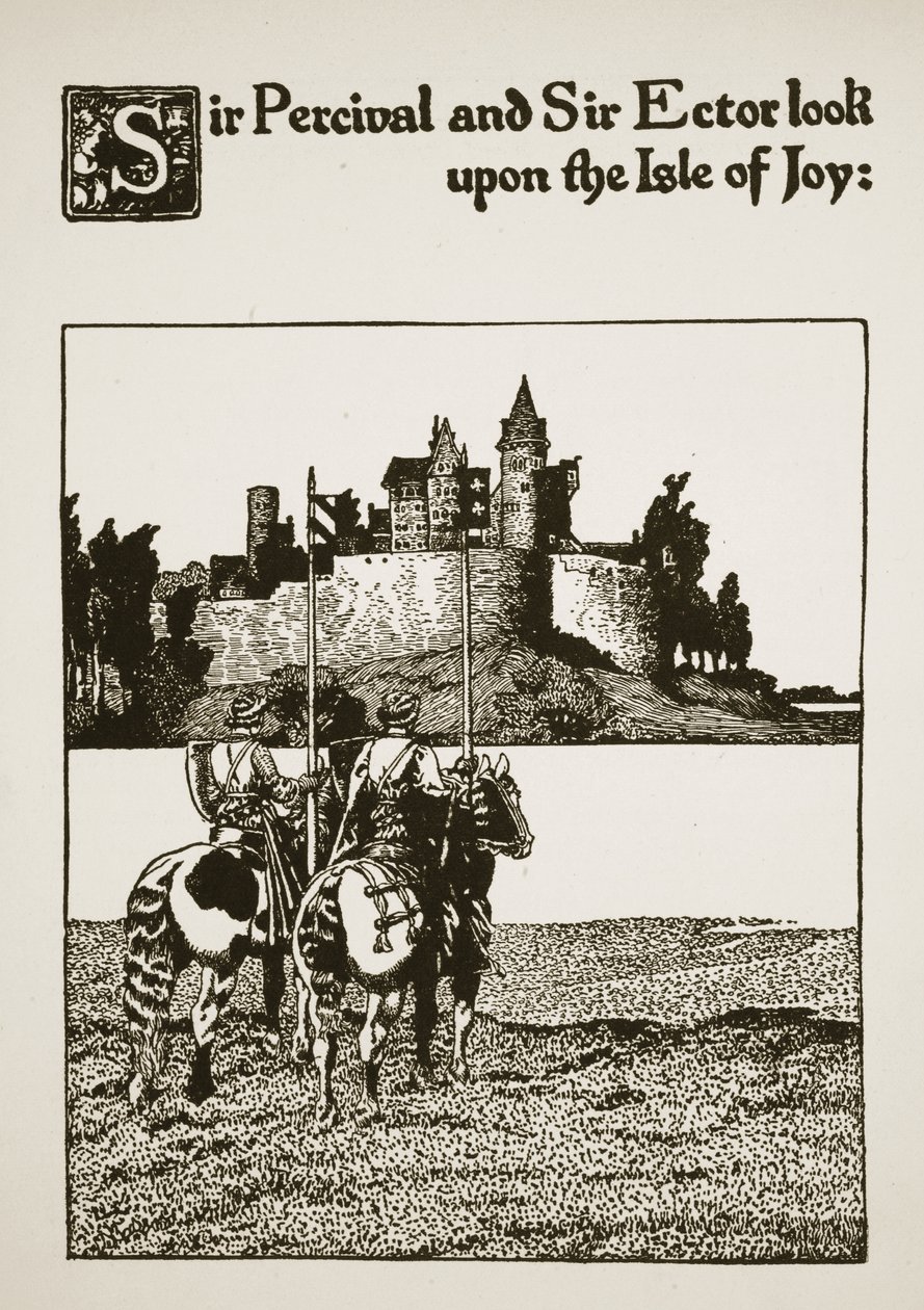 Sir Percival and Sir Ector look upon the Isle of Joy, illustration from ...