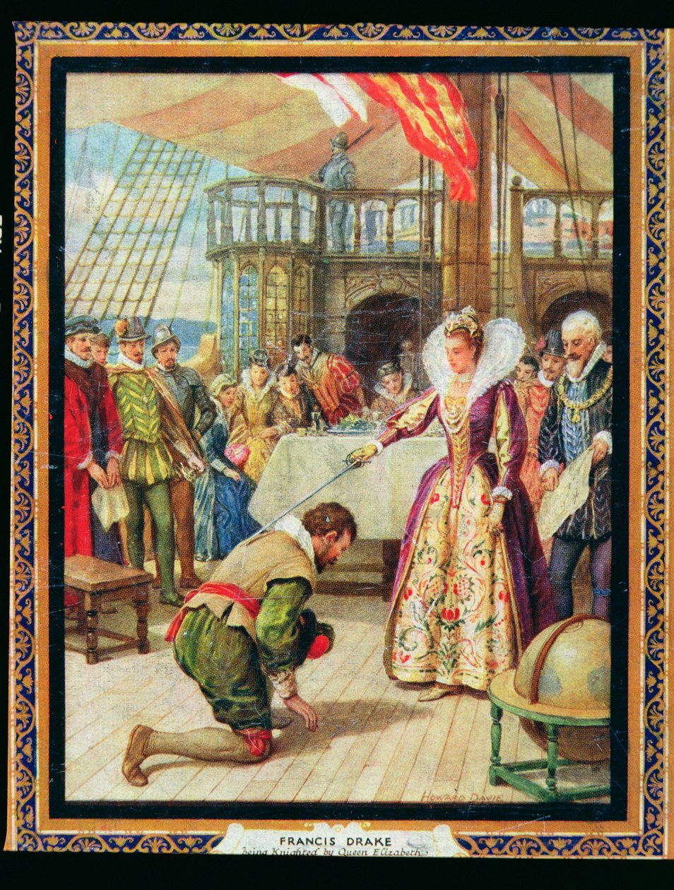 Queen Elizabeth I knights Francis Drake, illustration from 