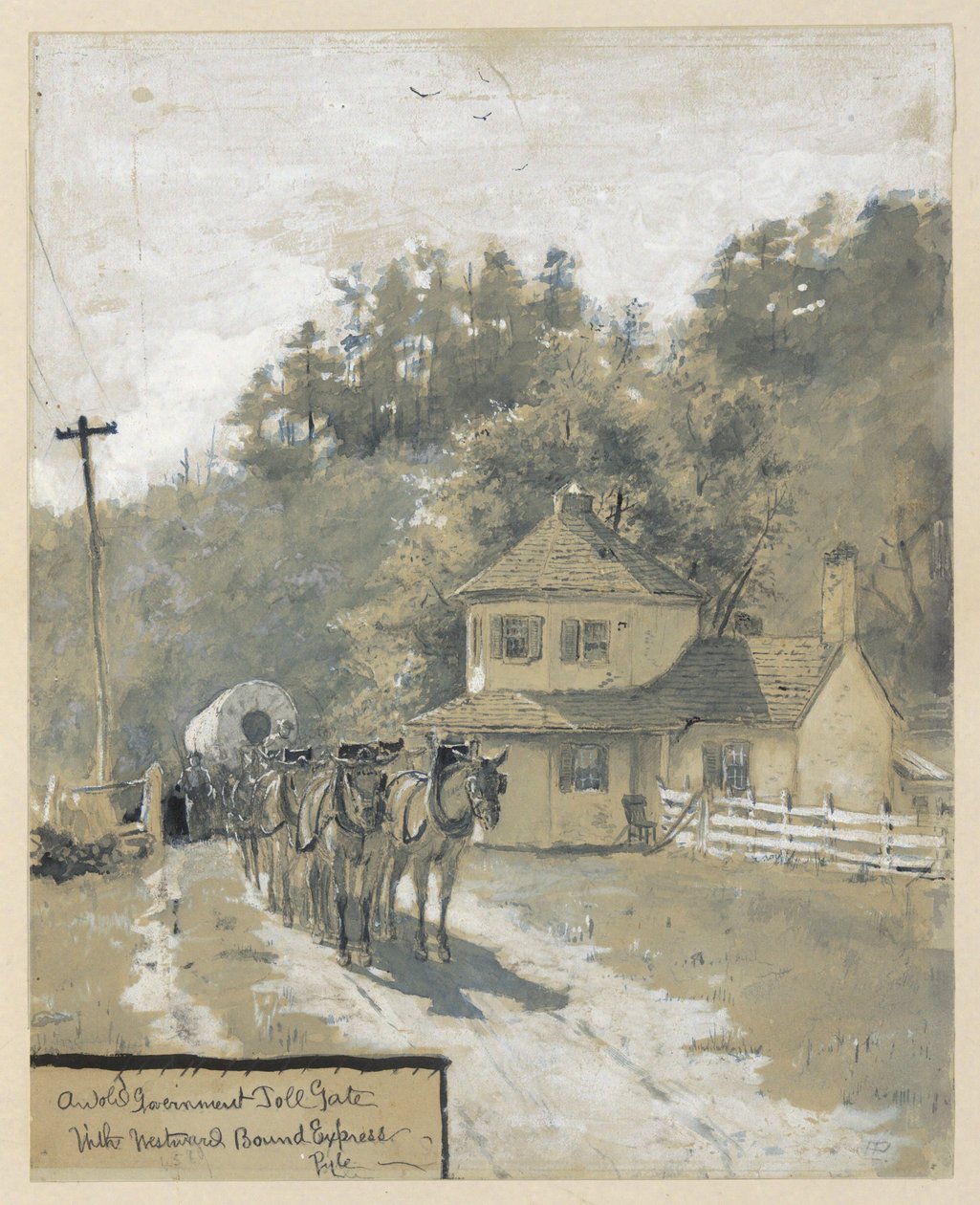 An Old Government Toll Gate with Westward Bound Express, drawing of an illustration for the article "The Old National Pike," by William Henry Rideing by Howard Pyle