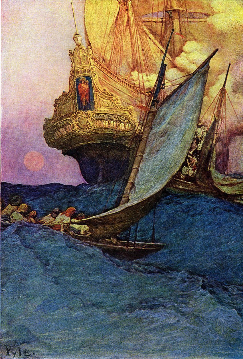 Attacking a galleon by pirates. Book of pirates Buccaneers and Marooners of the Spanish Main by Howard Pyle, American illustrator by Howard Pyle