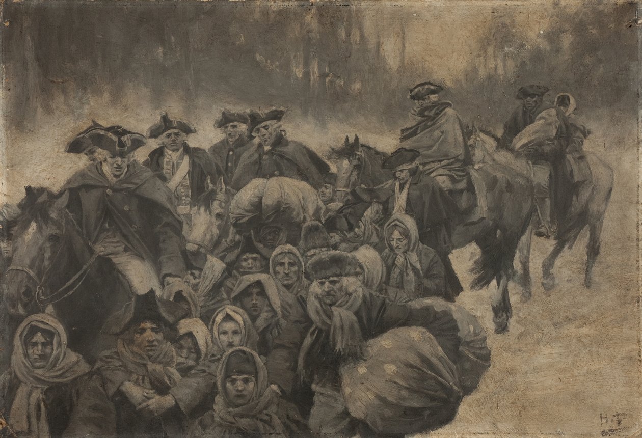 Five Red Coated Soldiers on Horseback, with Another Cloaked to the Eyes...Clustering About These, a Motley Score of Poor People, Young and Old by Howard Pyle