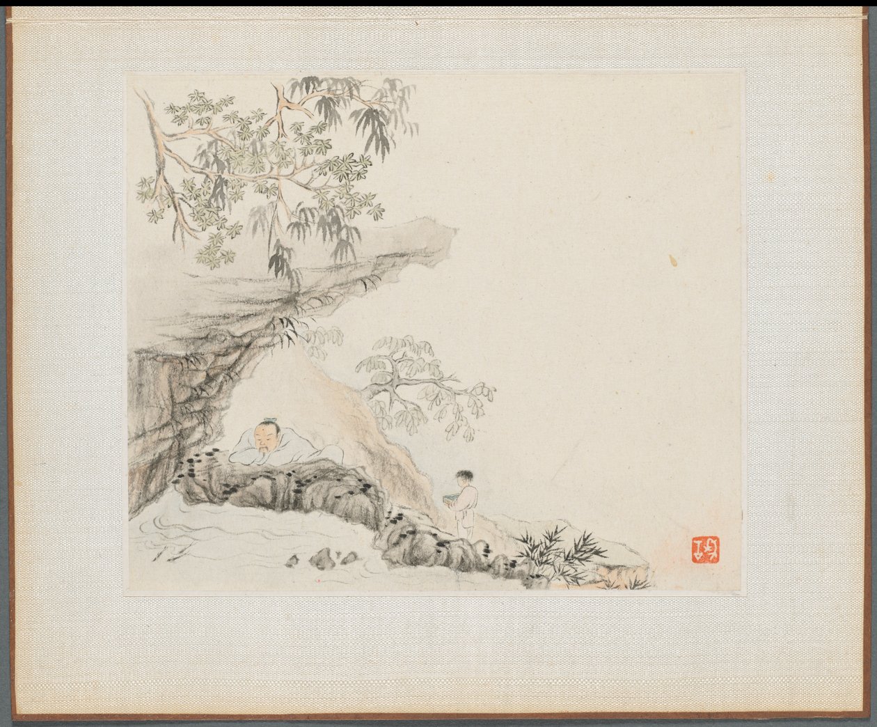 Album of Landscape Paintings Illustrating Old Poems: A Man Lies under a Rocky Overhang; a Boy Stands to his Right by Hua Yan