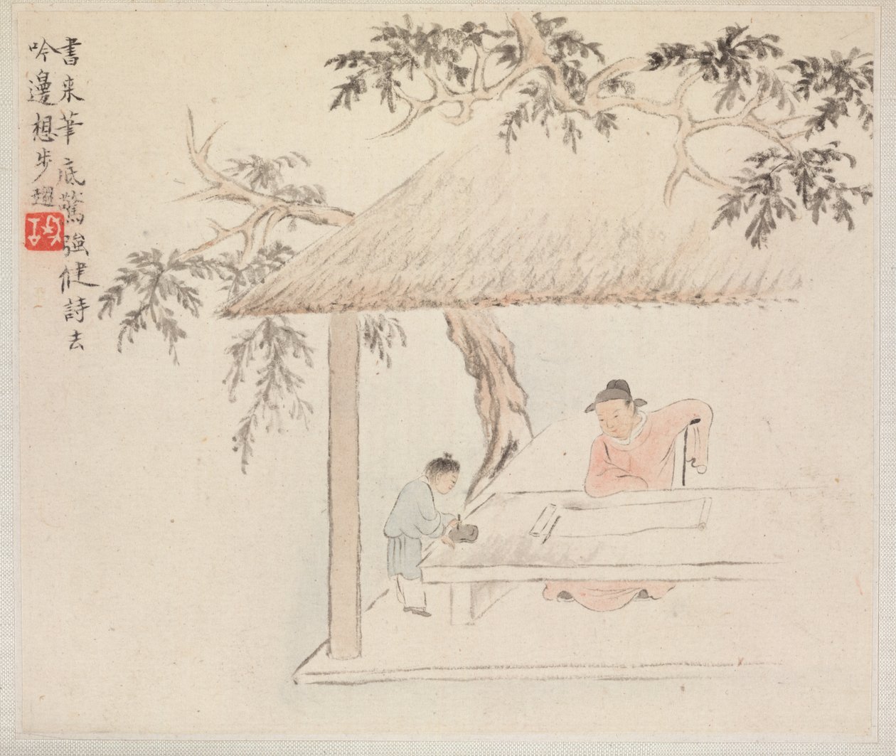 Album of Landscape Paintings Illustrating Old Poems: A Man Sits at a Table, 1700s by Hua Yan