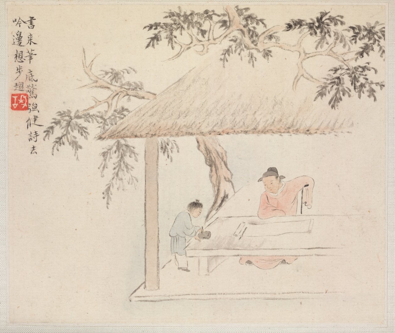 Album of Landscape Paintings Illustrating Old Poems: A Man Sits at a Table before an Open Scroll; a Boy Mixes Ink by Hua Yan