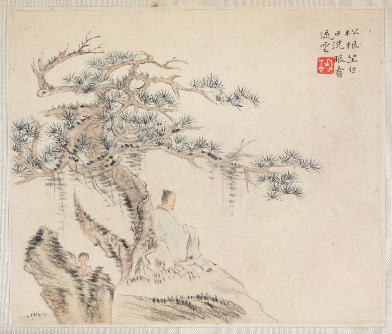 Album of Landscape Paintings Illustrating Old Poems: An Old Man Sits under a Pine Tree, a Boy is behind a Stone by Hua Yan