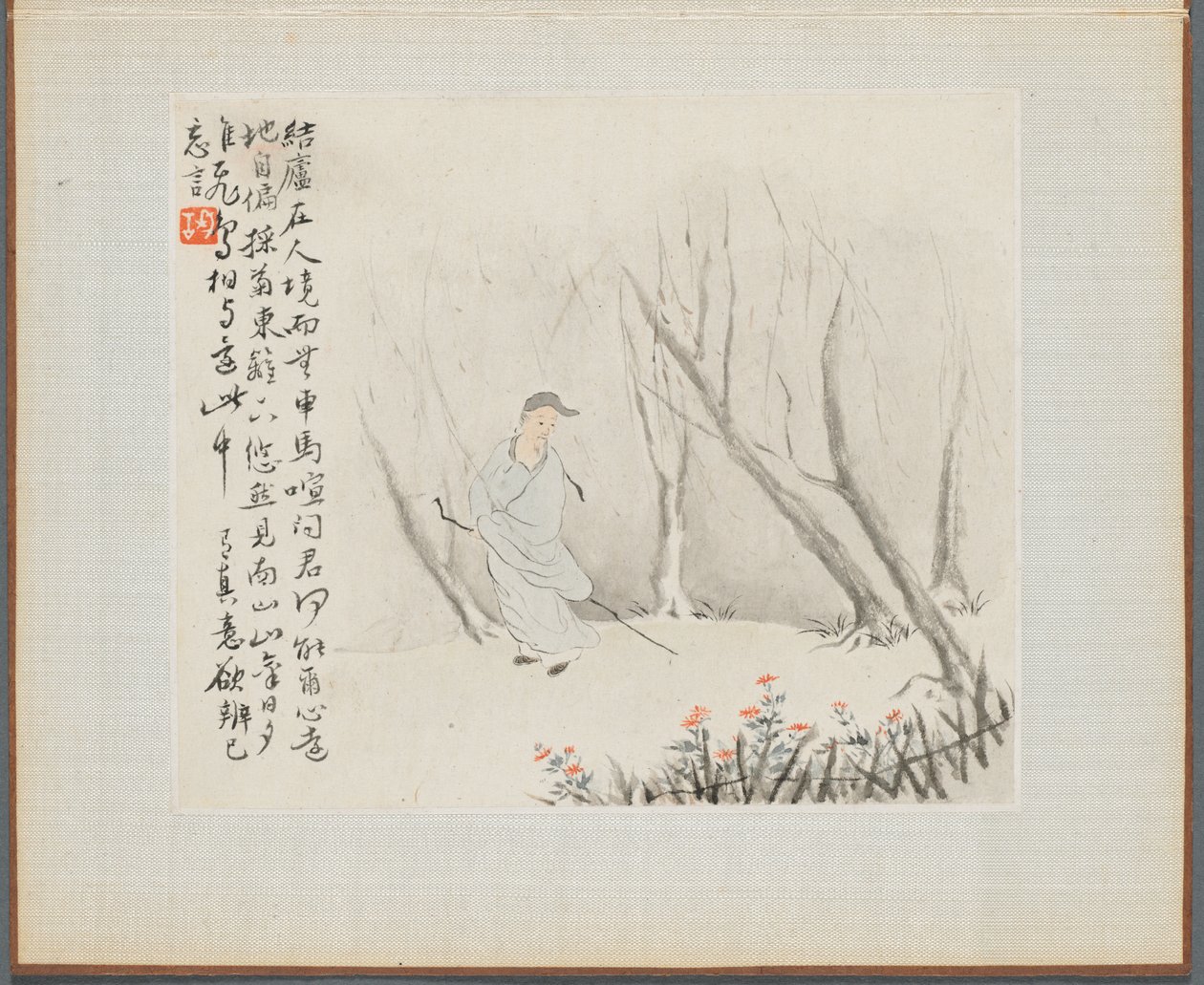 Album of Landscape Paintings Illustrating Old Poems: An Old Man with a Staff Walks a Wooded Path by Hua Yan