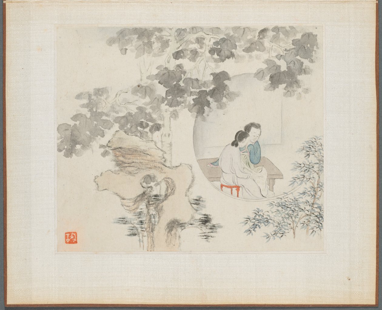 Album of Landscape Paintings Illustrating Old Poems: Two Women Sit at a Table by Hua Yan