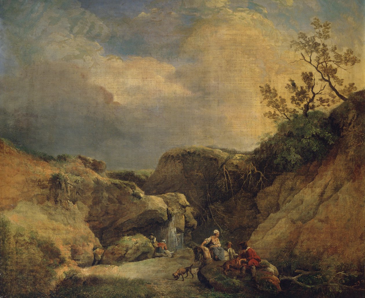 A Rocky Wooded Landscape with Travellers Conversing by a Waterfall by Hubert (circle of) Robert