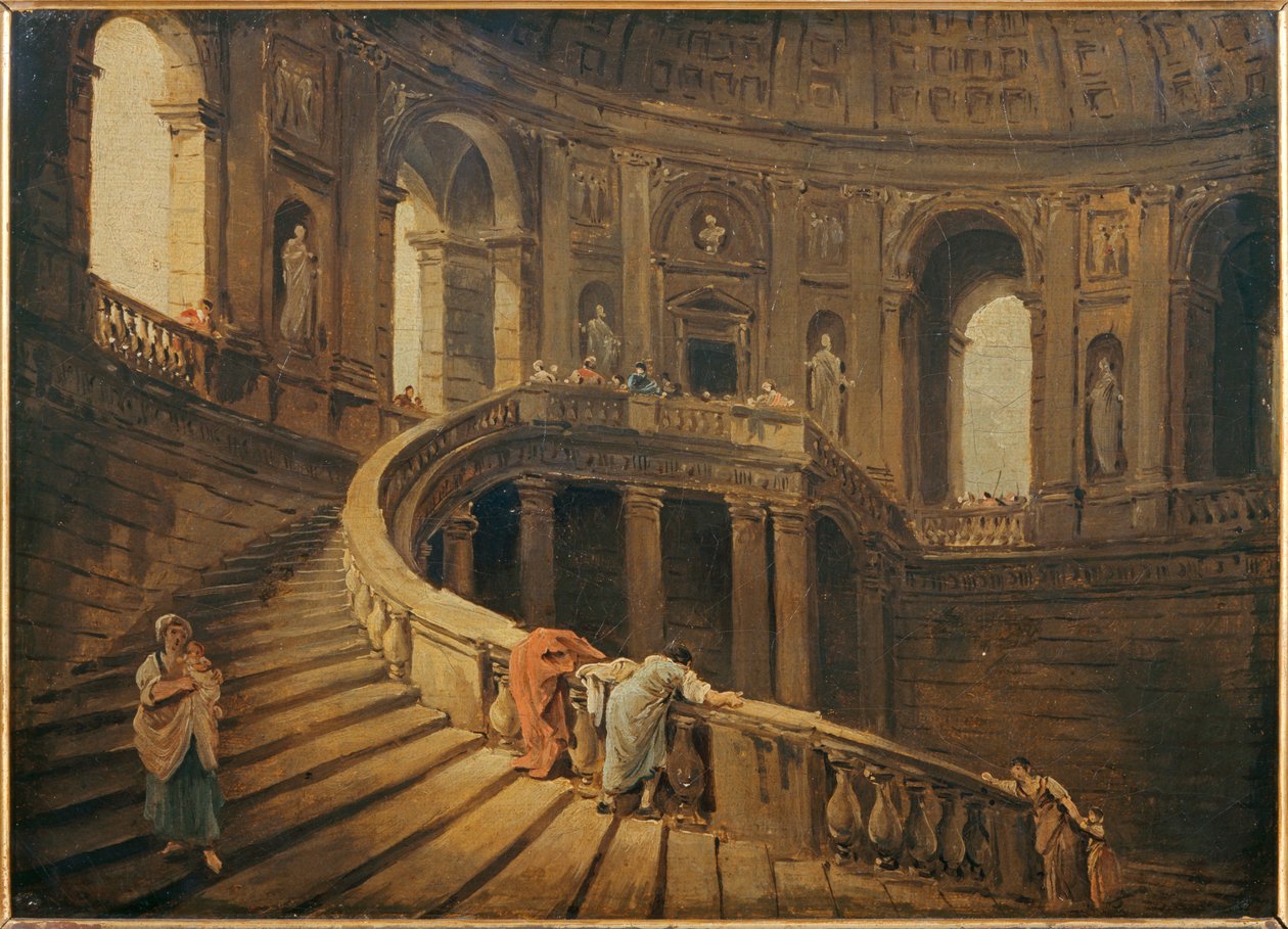 The Spiral Staircase of the Farnese Palace in Caprarola by Hubert (circle of) Robert