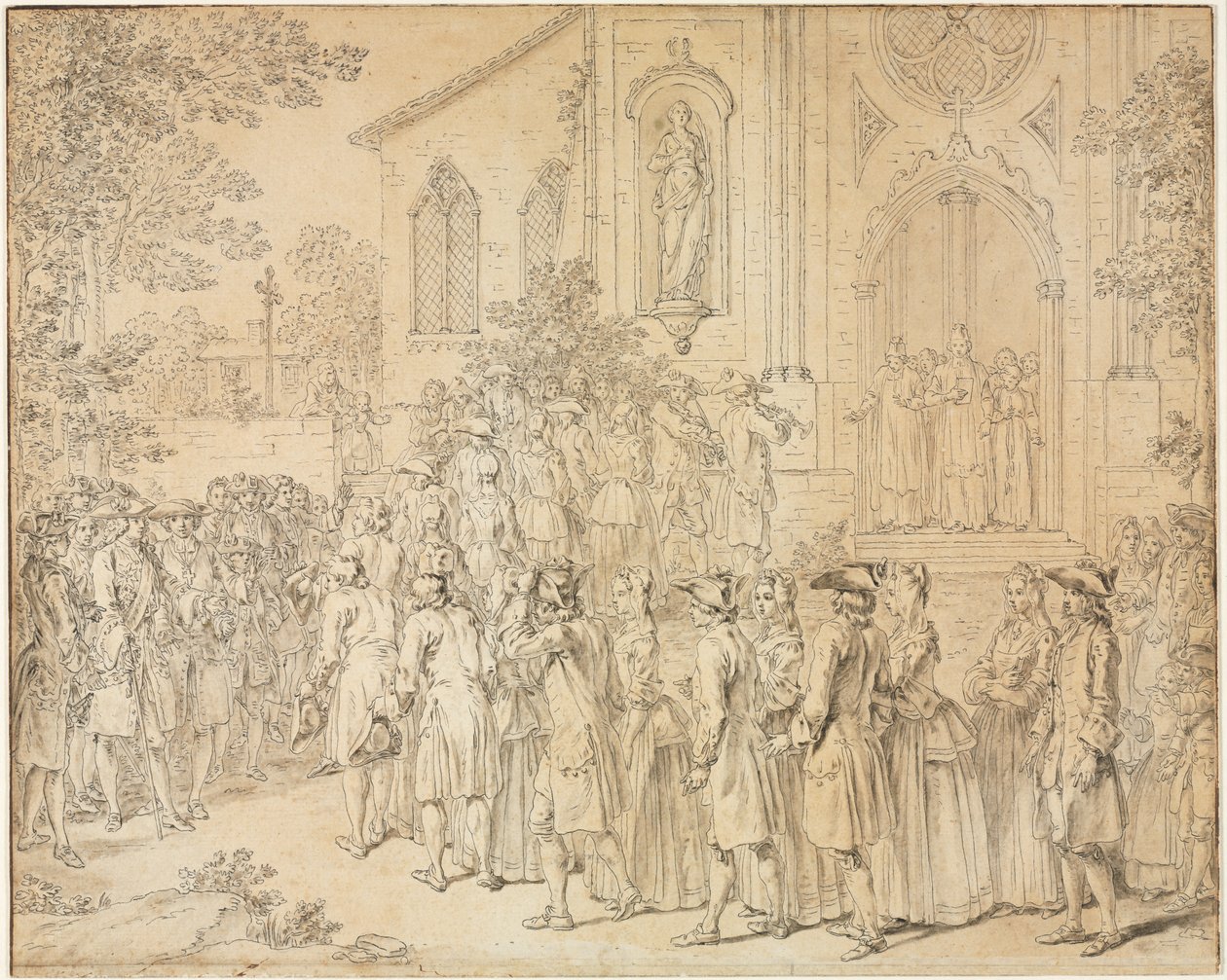 A Procession Entering a Church by Hubert François Bourguignon Gravelot