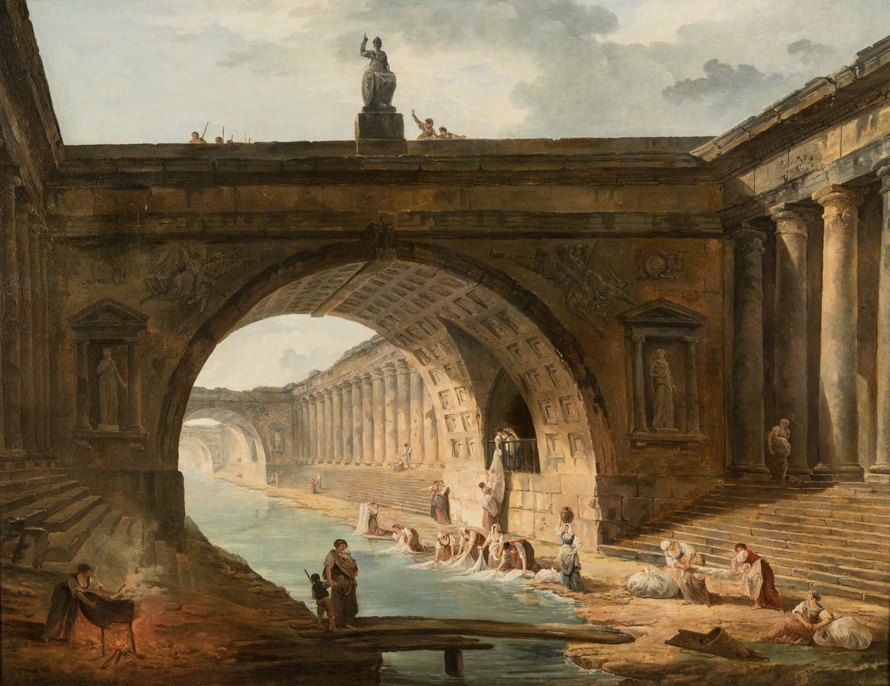 Capriccio with Washerwomen at a Canal by Hubert Robert
