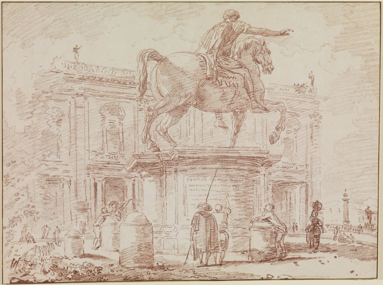 The Equestrian Statue of Marcus Aurelius and the Palazzo dei Conservatori in Rome by Hubert Robert