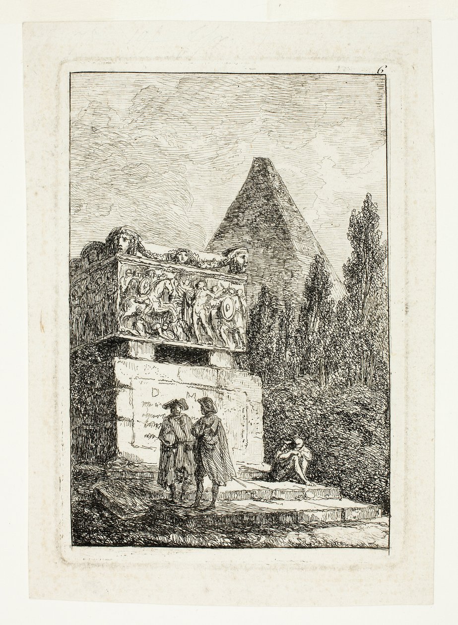 Landscape with Pyramid and Sarcophagus, plate six from Les Soirées de Rome by Hubert Robert