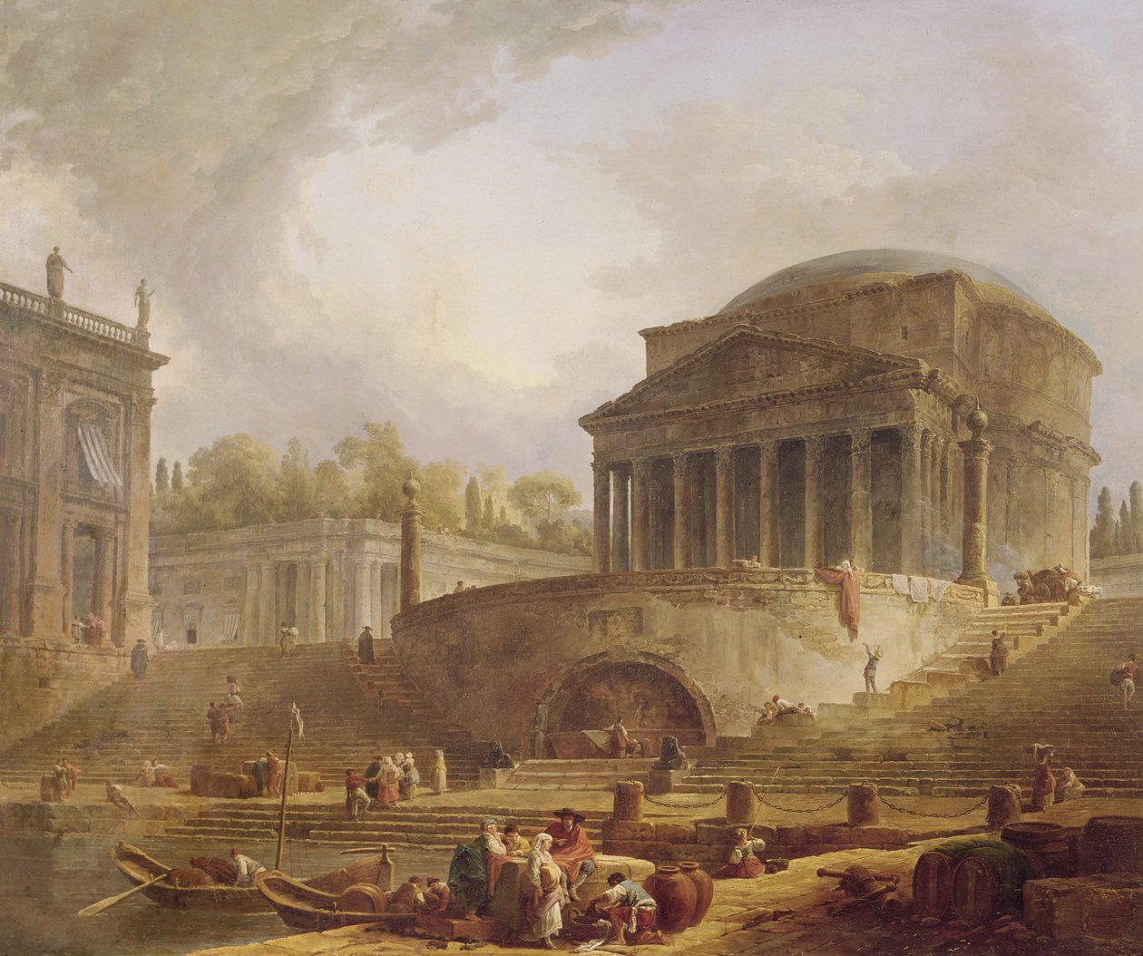 Porto di Ripetta in Rome, with the Pantheon, architectural tableau by Hubert Robert