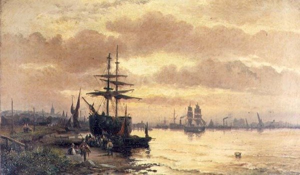 Fisherfolk on the Shore of an Estuary at Sunset by Hubert Thornley