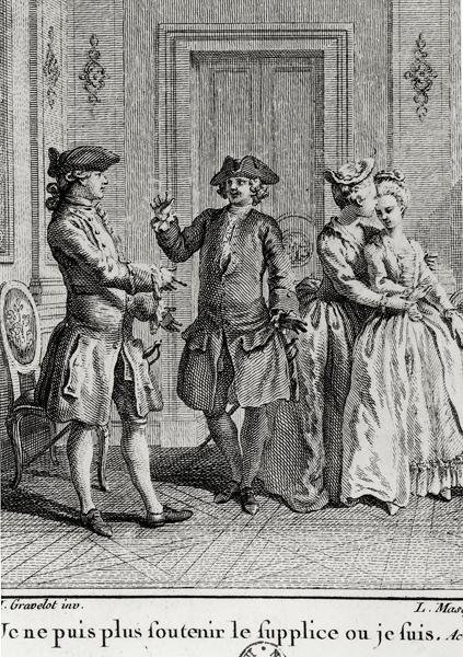 I cannot bear the torments here any more where I am, illustration for Eugenie by Beaumarchais, engraved by Louis Joseph Masquelier by Hubert after Gravelot