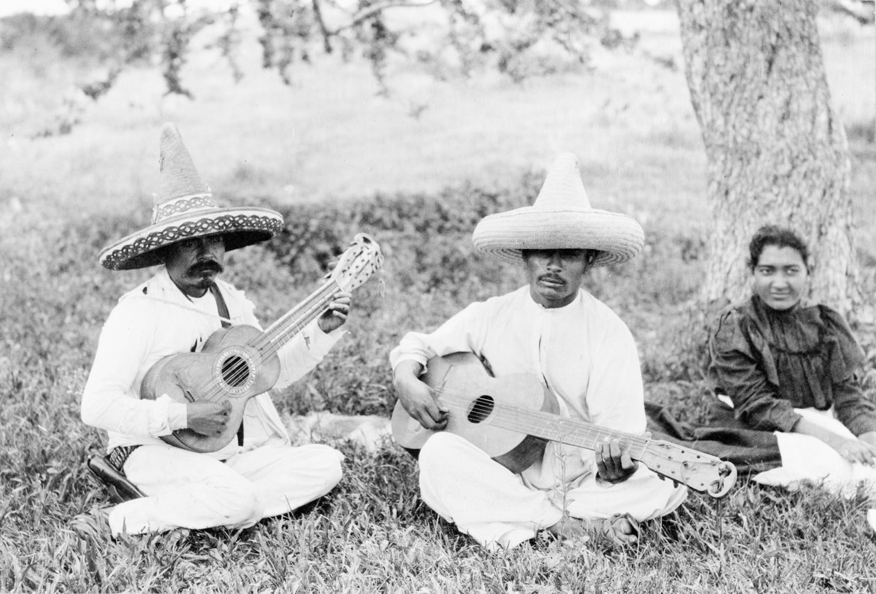 Mexican musicians playing guitars, c.1920 by Hugo Brehme