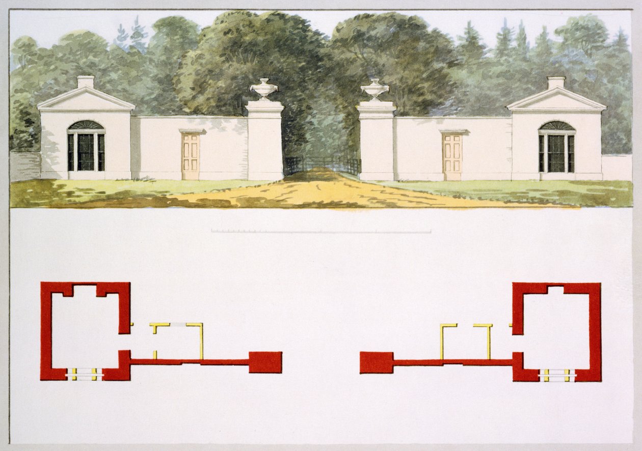 Elevation and ground plans of proposed new entrance gateway and lodges, from the Red Book for Antony House, c.1812 by Humphry Repton