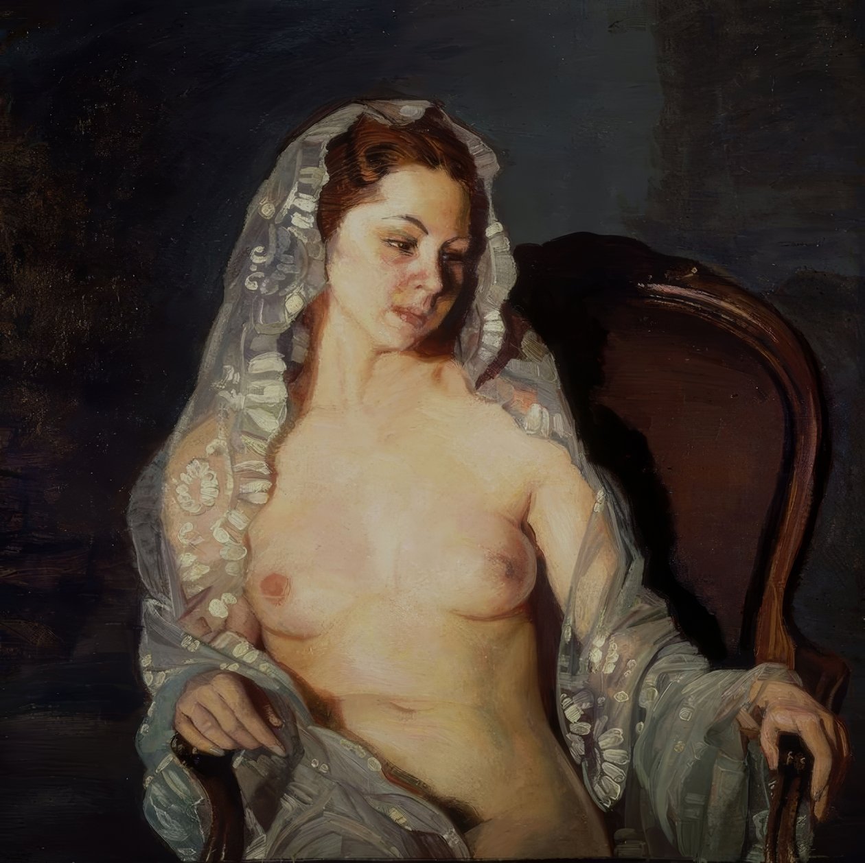 Nude Woman Sitting with Transparent Mantilla – 20th Century by Ignacio Zuloaga y Zabaleta