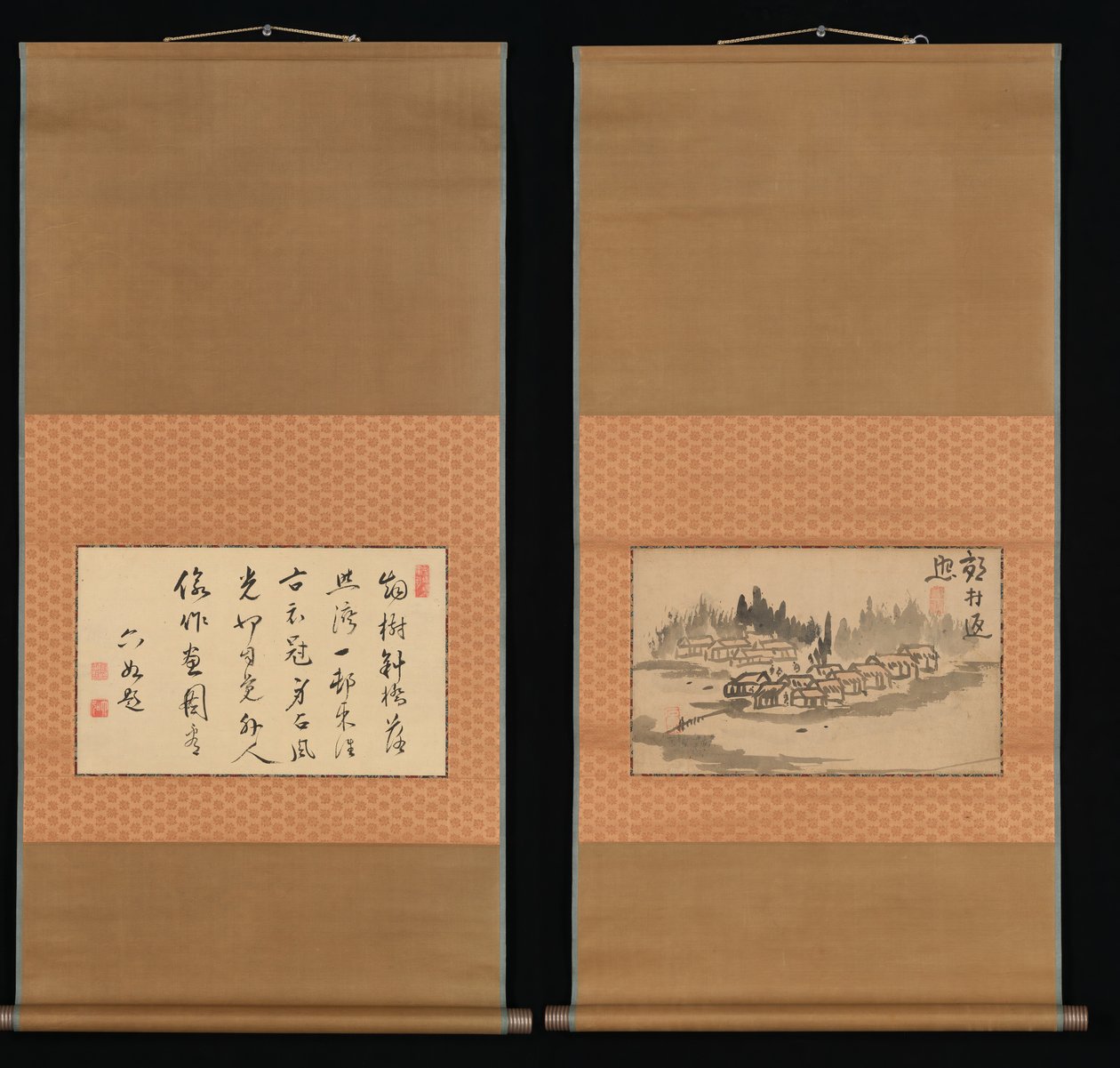 Evening Glow in a Mountain Village and Calligraphy, late 18th-early 19th century by Ike no Taiga